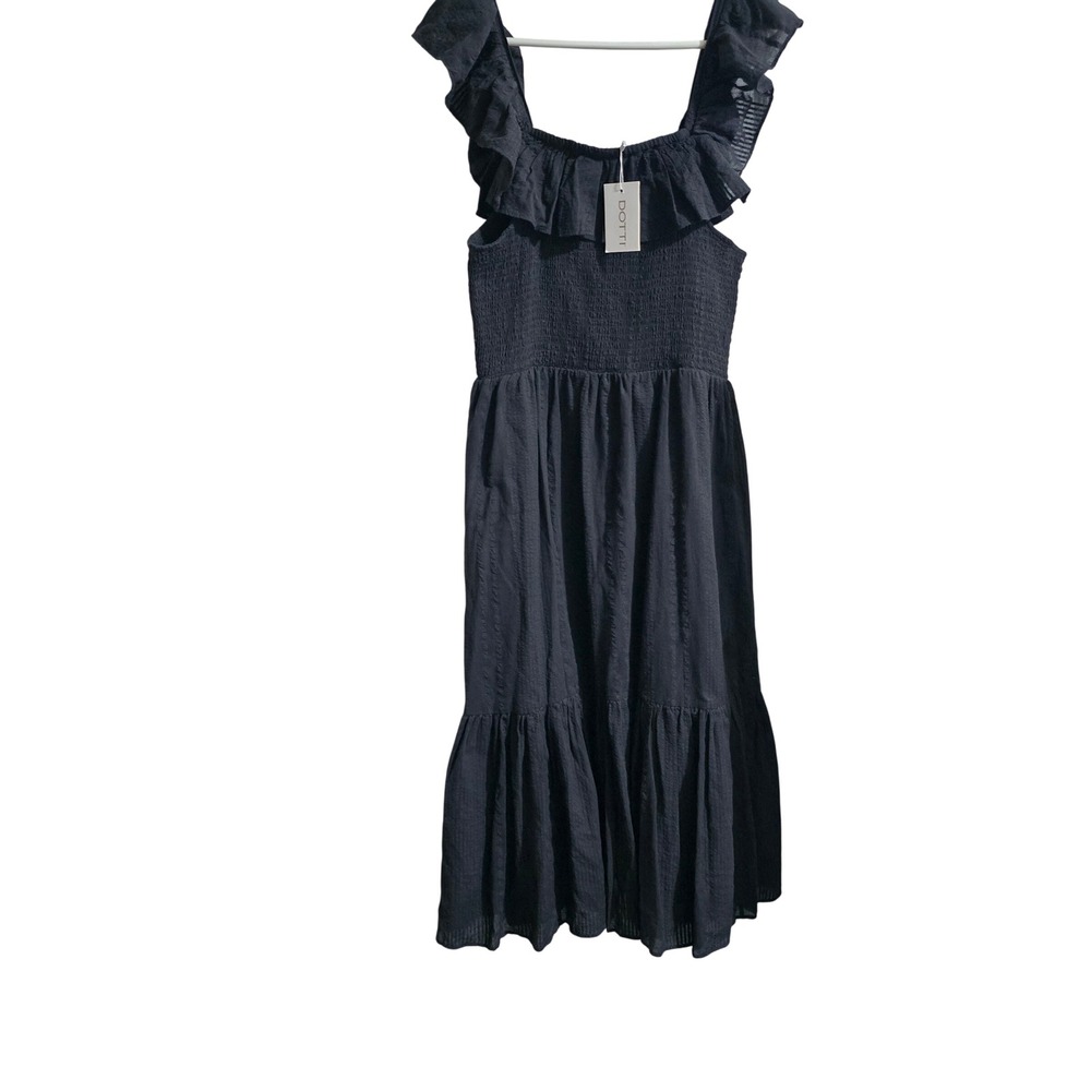 Dotti Cover Up Dress Women Large Black Smocked Ruffle Tiered Midi Cotton Pockets